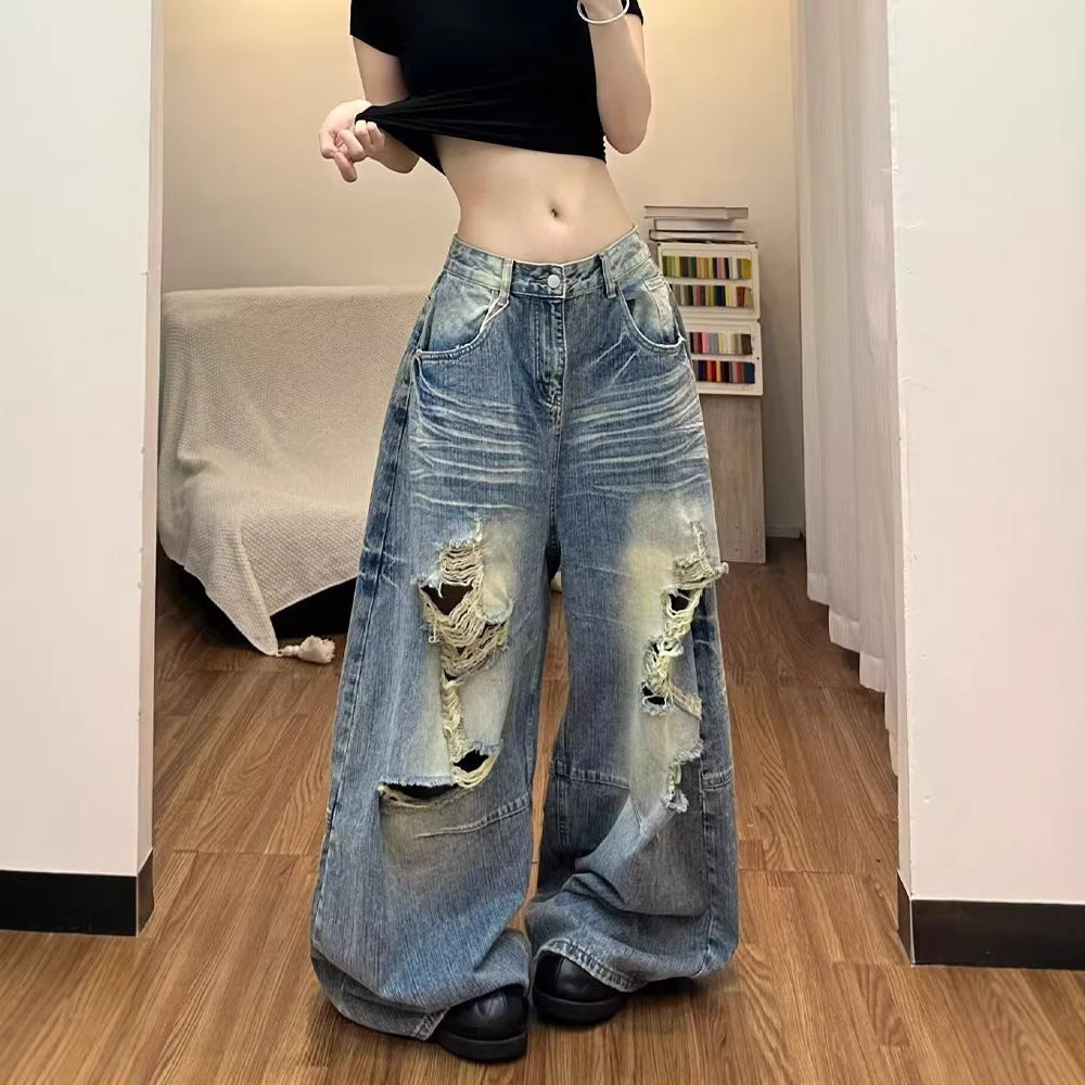 American Style High-Waist Wide-Leg Ripped Jeans