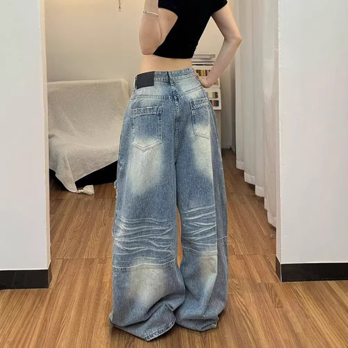 American Style High-Waist Wide-Leg Ripped Jeans
