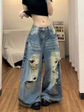 American Style High-Waist Wide-Leg Ripped Jeans