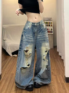 American Style High-Waist Wide-Leg Ripped Jeans