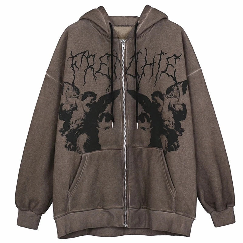 Goth Angel Y2K Zip-Up Hoodie Jacket