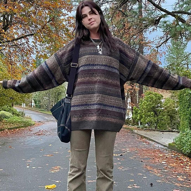 Preppy Grunge Retro Striped Knit Sweater
