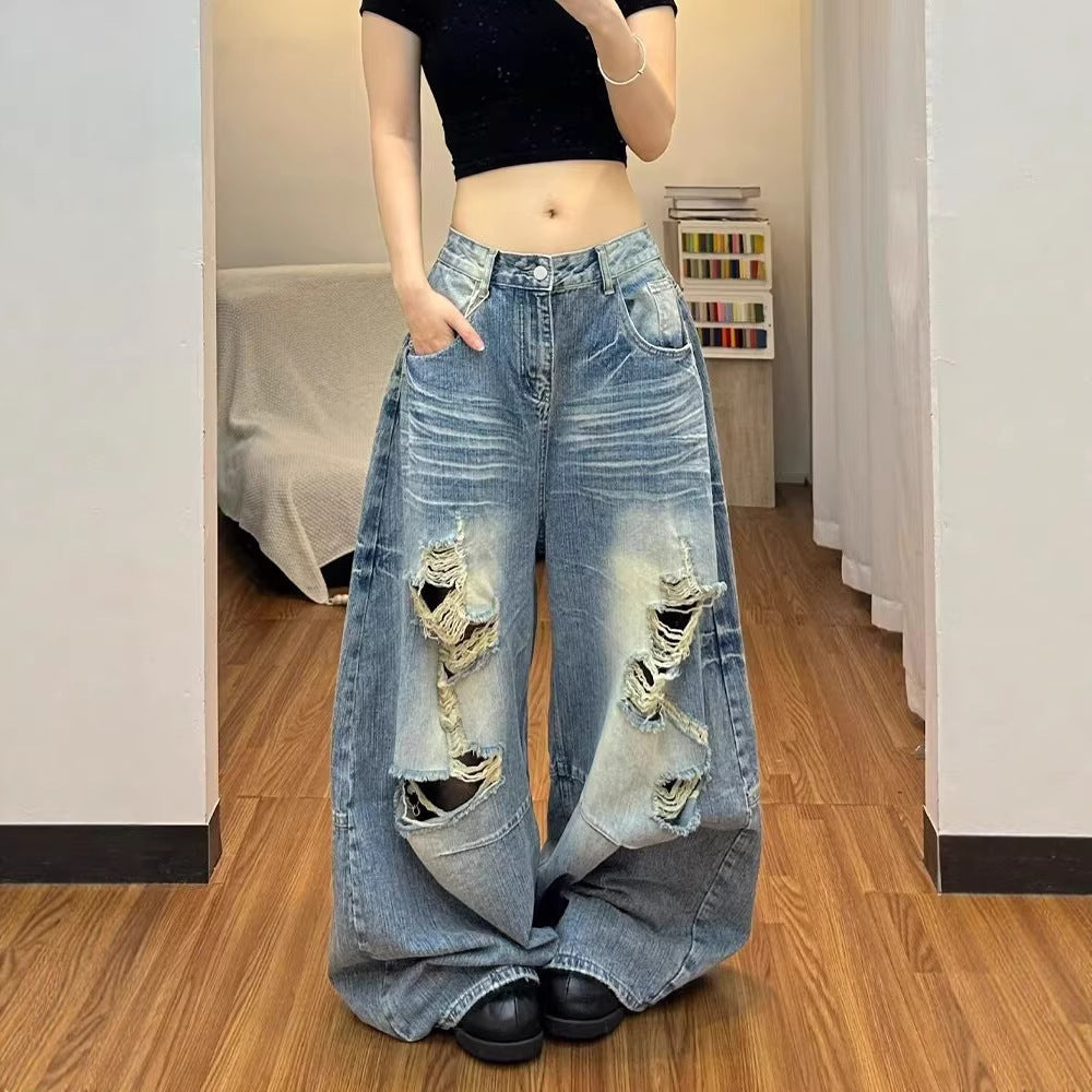 American Style High-Waist Wide-Leg Ripped Jeans
