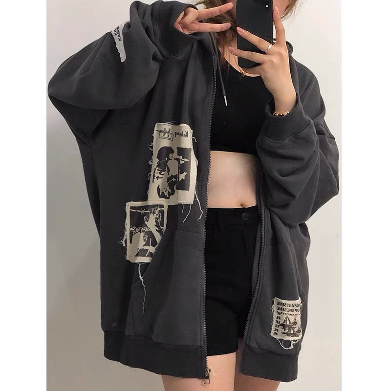 Vintage Grunge Graffiti Zip-Up Hoodie