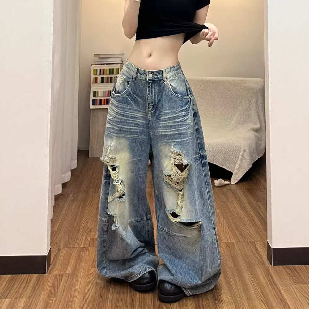 American Style High-Waist Wide-Leg Ripped Jeans